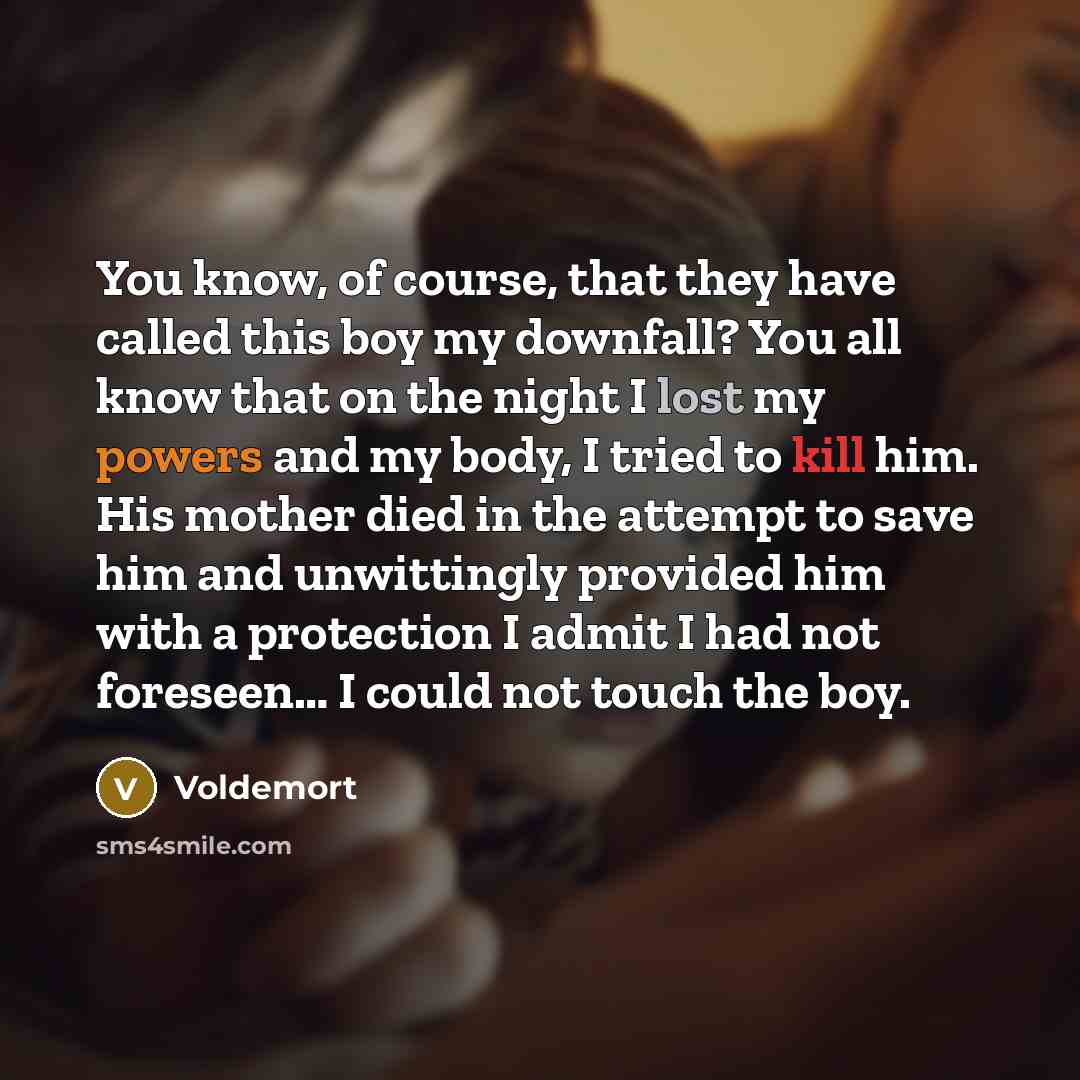 “You know, of course, that they have called this boy my downfall? You all know that on the night I lost my powers and my body, I tried to kill him. His mother died in the attempt to save him and unwittingly provided him with a protection I admit I had not foreseen… I could not touch the boy.” quote by Voldemort