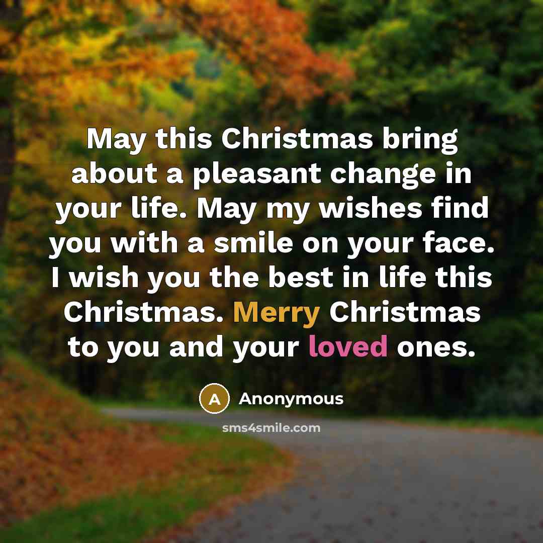 “May this Christmas bring about a pleasant change in your life. May my wishes find you with a smile on your face. I wish you the best in life this Christmas. Merry Christmas to you and your loved ones.” quote by Anonymous