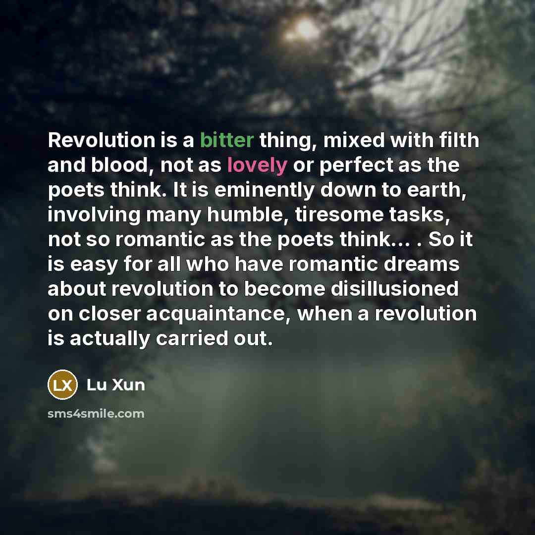 “Revolution is a bitter thing, mixed with filth and blood, not as lovely or perfect as the poets think. It is eminently down to earth, involving many humble, tiresome tasks, not so romantic as the poets think... . So it is easy for all who have romantic dreams about revolution to become…” quote by Lu Xun
