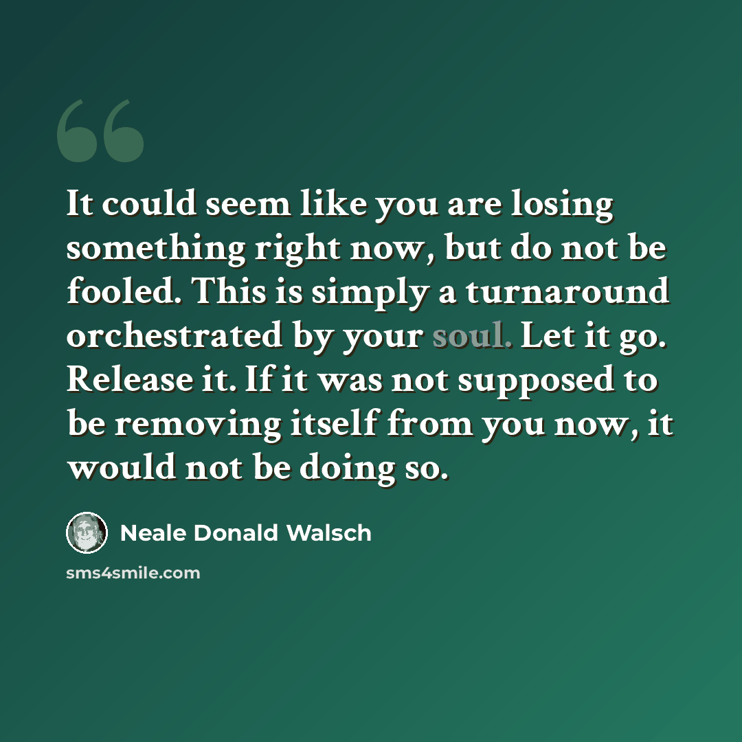“It could seem like you are losing something right now, but do not be fooled. This is simply a turnaround orchestrated by your soul. Let it go. Release it. If it was not supposed to be removing itself from you now, it would not be doing so.” quote by Neale Donald Walsch