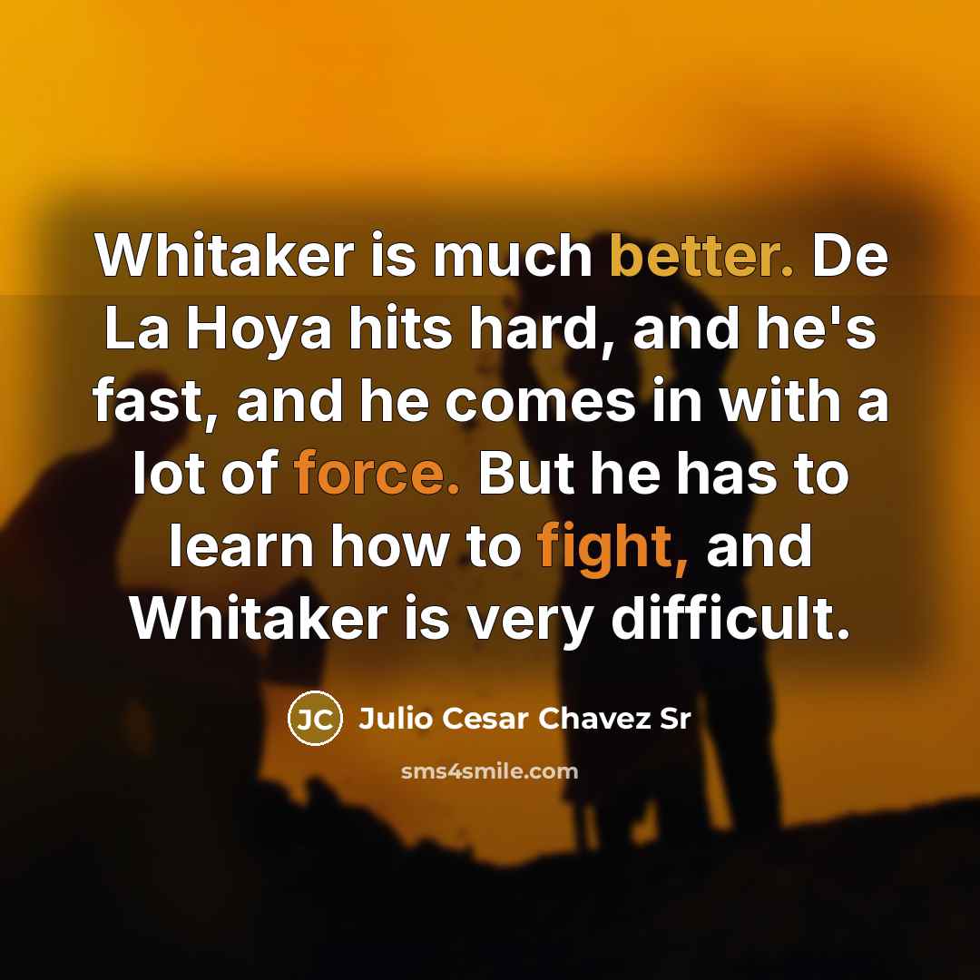“Whitaker is much better. De La Hoya hits hard, and he's fast, and he comes in with a lot of force. But he has to learn how to fight, and Whitaker is very difficult.” quote by Julio Cesar Chavez Sr