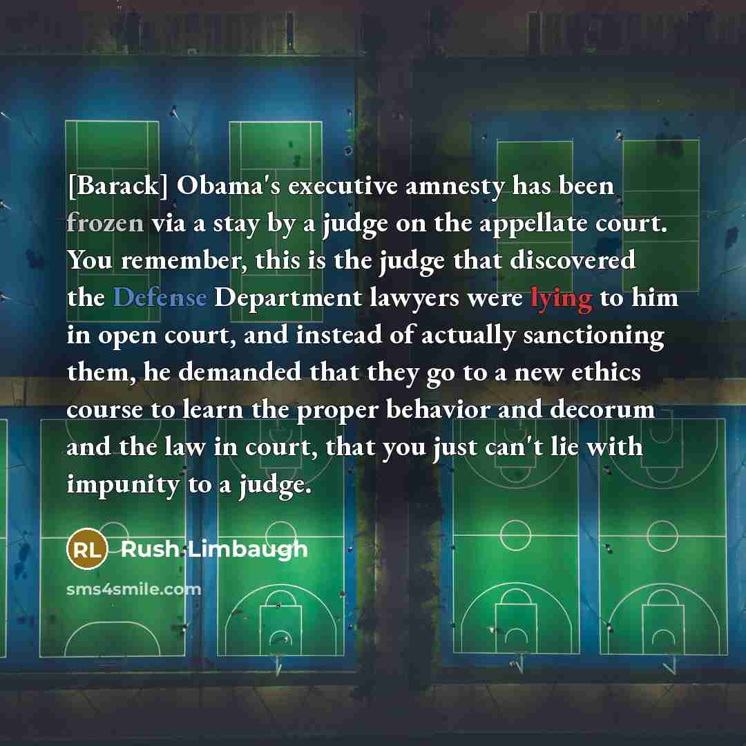“[Barack] Obama's executive amnesty has been frozen via a stay by a judge on the appellate court. You remember, this is the judge that discovered the Defense Department lawyers were lying to him in open court, and instead of actually sanctioning them, he demanded that they go to a new ethics course…” quote by Rush Limbaugh