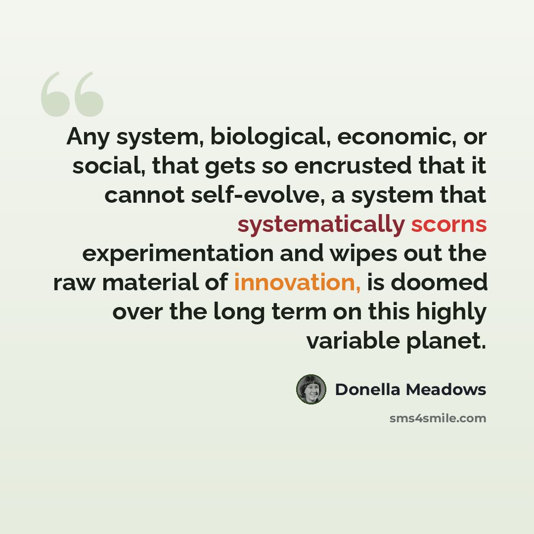 “Any system, biological, economic, or social, that gets so encrusted that it cannot self-evolve, a system that systematically scorns experimentation and wipes out the raw material of innovation, is doomed over the long term on this highly variable planet.” quote by Donella Meadows