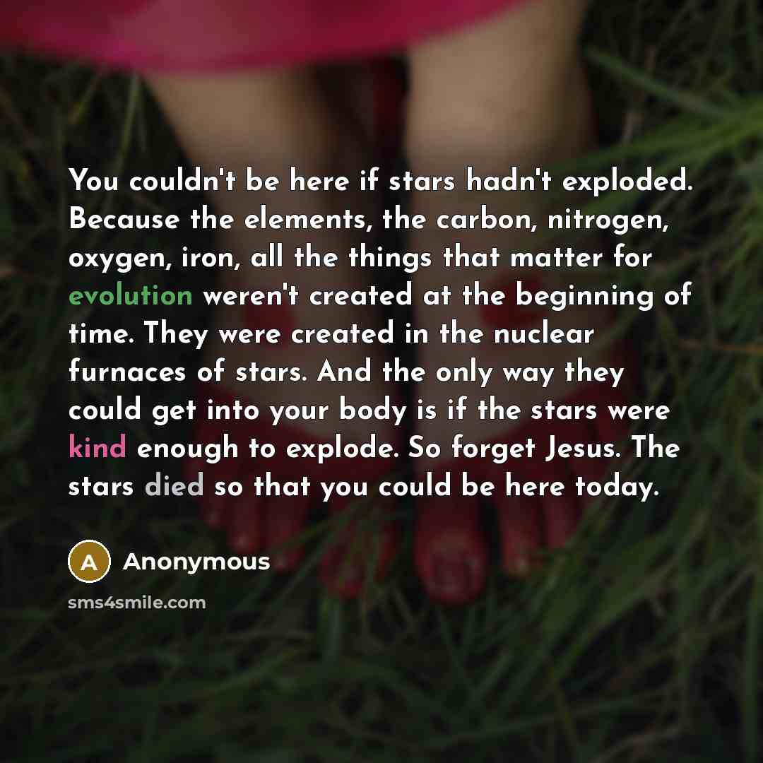 “You couldn't be here if stars hadn't exploded. Because the elements, the carbon, nitrogen, oxygen, iron, all the things that matter for evolution weren't created at the beginning of time. They were created in the nuclear furnaces of stars. And the only way they could get into your body is if the…” quote by Anonymous