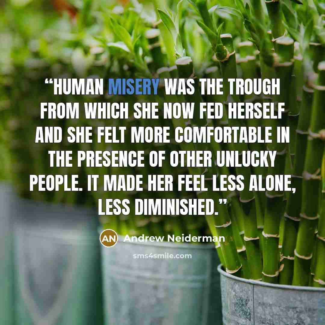“Human misery was the trough from which she now fed herself and she felt more comfortable in the presence of other unlucky people. It made her feel less alone, less diminished.” quote by Andrew Neiderman