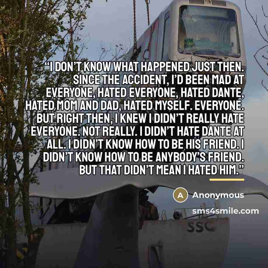 “I don’t know what happened just then. Since the accident, I’d been mad at everyone, hated everyone, hated Dante, hated Mom and Dad, hated myself. Everyone. But right then, I knew I didn’t really hate everyone. Not really. I didn’t hate Dante at all. I didn’t know how to be his friend. I didn’t…” quote by Anonymous