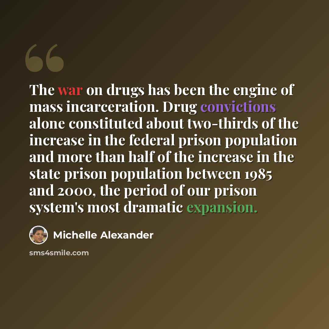 “The war on drugs has been the engine of mass incarceration. Drug convictions alone constituted about two-thirds of the increase in the federal prison population and more than half of the increase in the state prison population between 1985 and 2000, the period of our prison system's most dramatic…” quote by Michelle Alexander