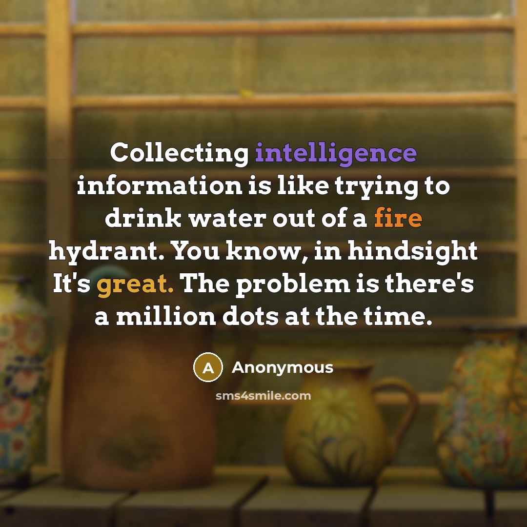 “Collecting intelligence information is like trying to drink water out of a fire hydrant. You know, in hindsight It's great. The problem is there's a million dots at the time.” quote by Anonymous