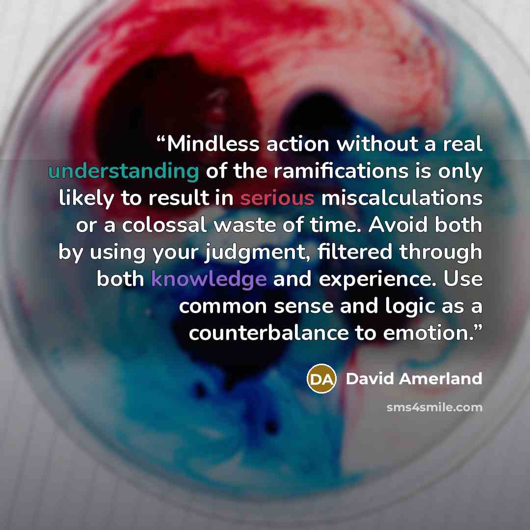 “Mindless action without a real understanding of the ramifications is only likely to result in serious miscalculations or a colossal waste of time. Avoid both by using your judgment, filtered through both knowledge and experience. Use common sense and logic as a counterbalance to emotion.” quote by David Amerland