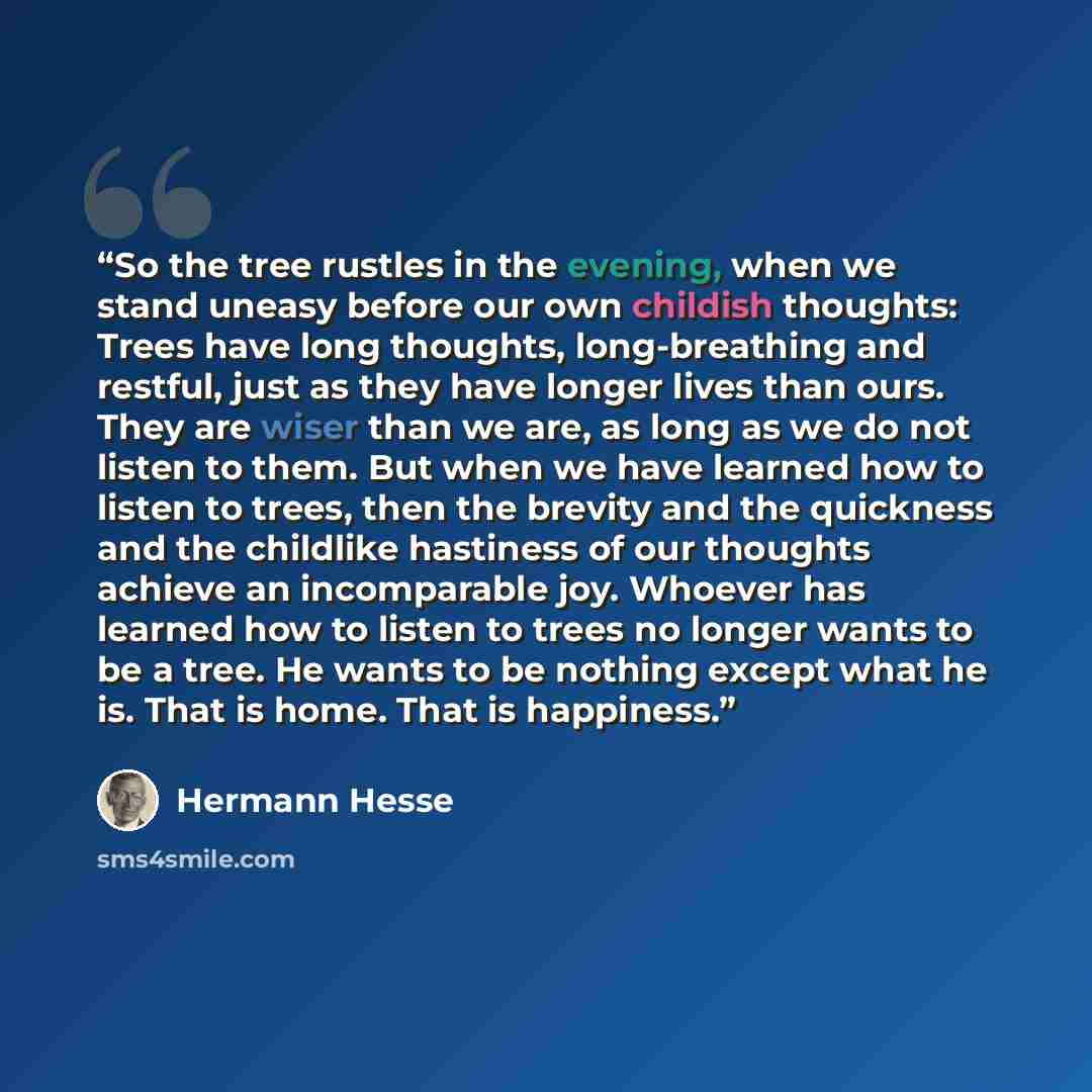 “So the tree rustles in the evening, when we stand uneasy before our own childish thoughts: Trees have long thoughts, long-breathing and restful, just as they have longer lives than ours. They are wiser than we are, as long as we do not listen to them. But when we have learned how to listen to…” quote by Hermann Hesse