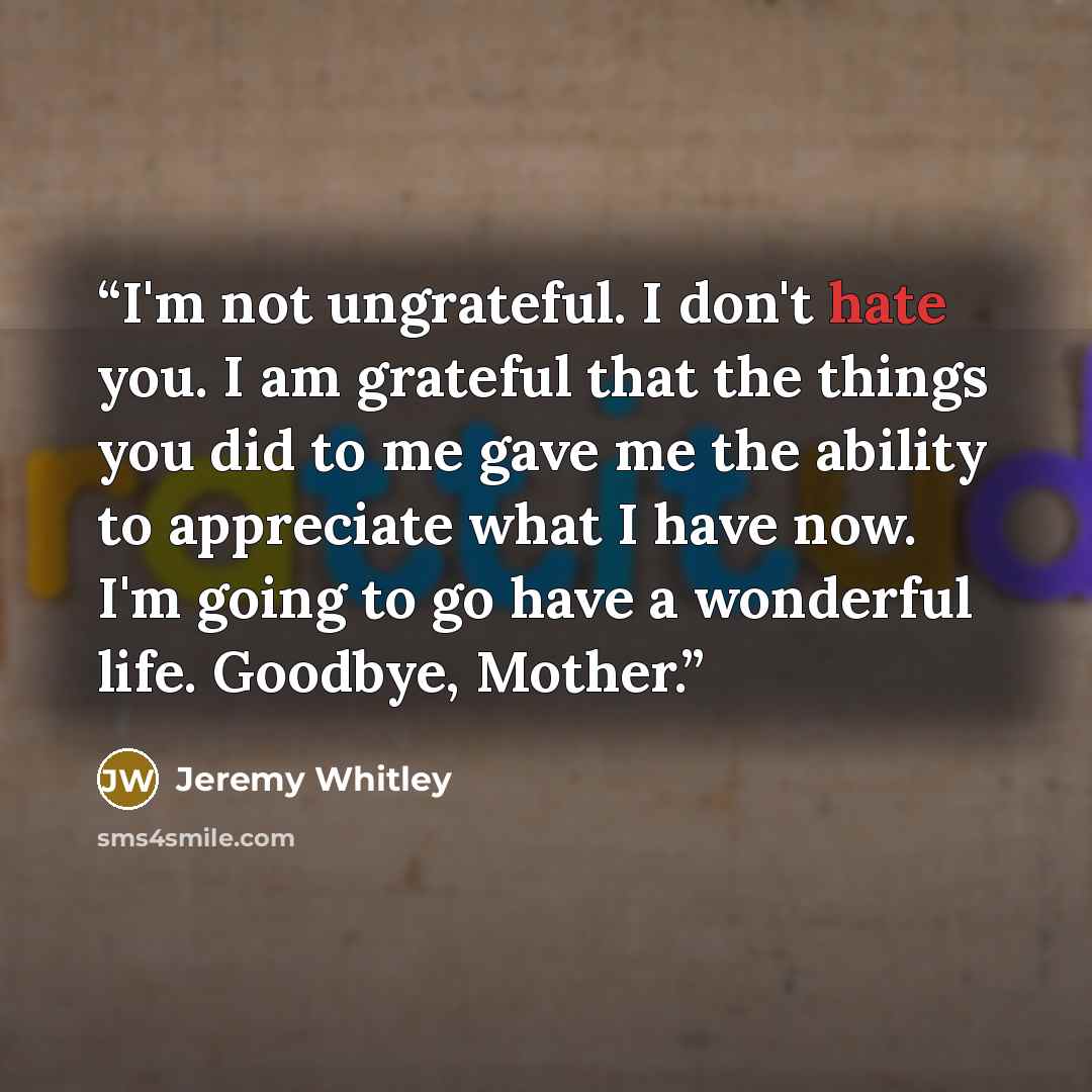 “I'm not ungrateful. I don't hate you. I am grateful that the things you did to me gave me the ability to appreciate what I have now. I'm going to go have a wonderful life. Goodbye, Mother.” quote by Jeremy Whitley