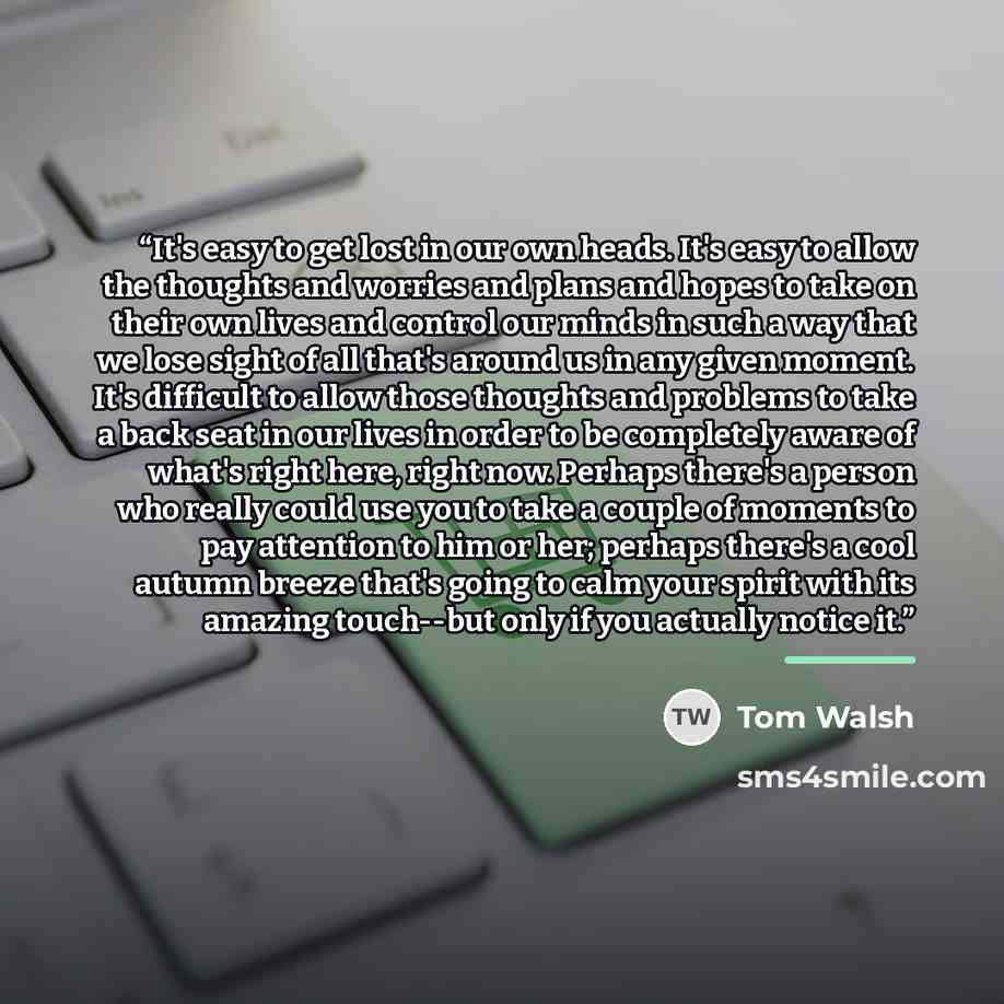 “It's easy to get lost in our own heads. It's easy to allow the thoughts and worries and plans and hopes to take on their own lives and control our minds in such a way that we lose sight of all that's around us in any given moment. It's difficult to allow those thoughts and problems to take a back…” quote by Tom Walsh