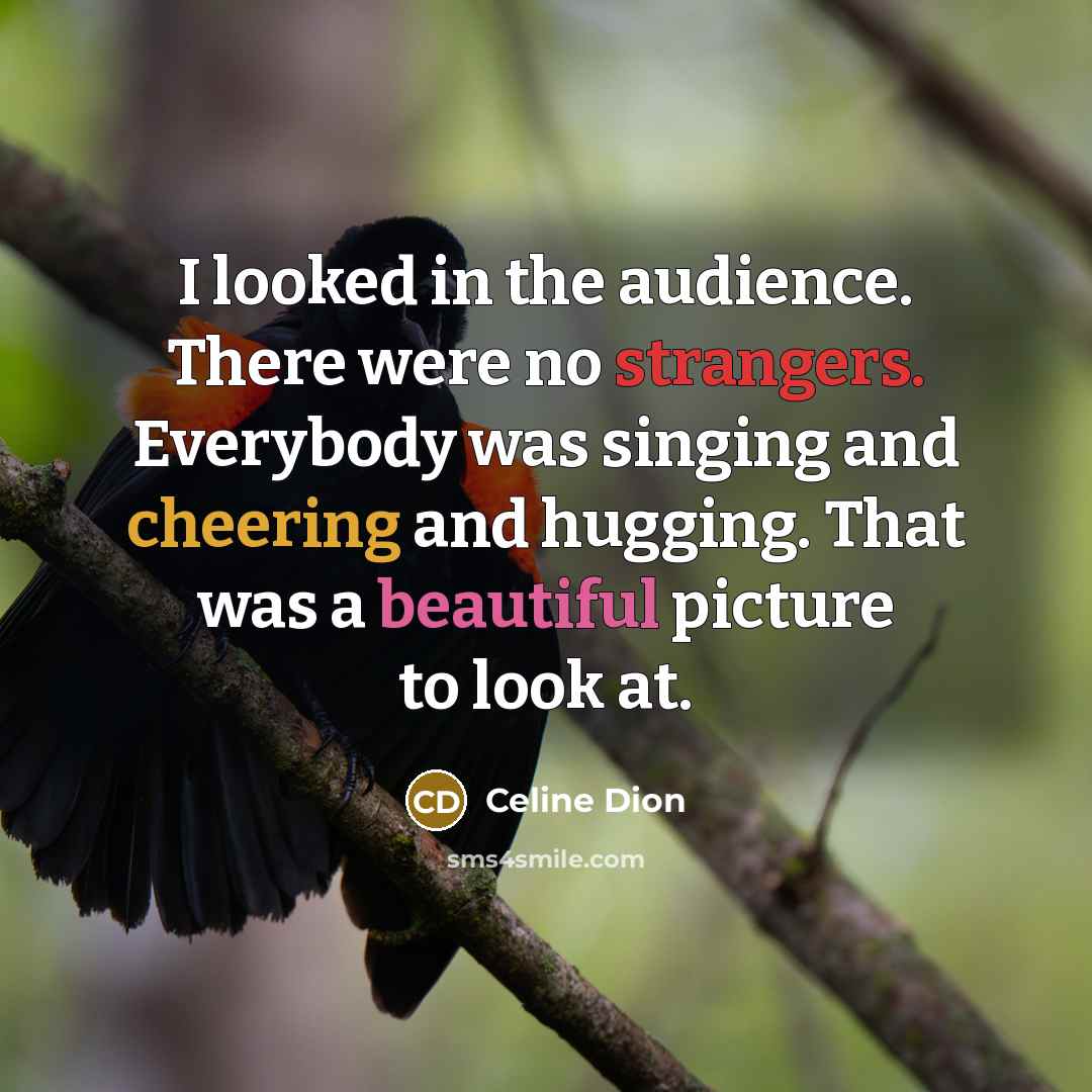 “I looked in the audience. There were no strangers. Everybody was singing and cheering and hugging. That was a beautiful picture to look at.” quote by Celine Dion