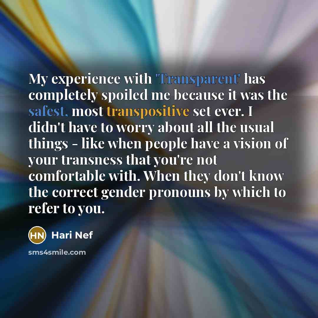 “My experience with 'Transparent' has completely spoiled me because it was the safest, most transpositive set ever. I didn't have to worry about all the usual things - like when people have a vision of your transness that you're not comfortable with. When they don't know the correct gender pronouns…” quote by Hari Nef