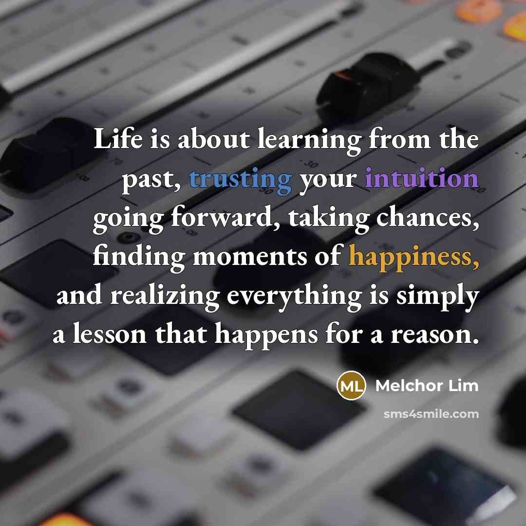 “Life is about learning from the past, trusting your intuition going forward, taking chances, finding moments of happiness, and realizing everything is simply a lesson that happens for a reason.” quote by Melchor Lim