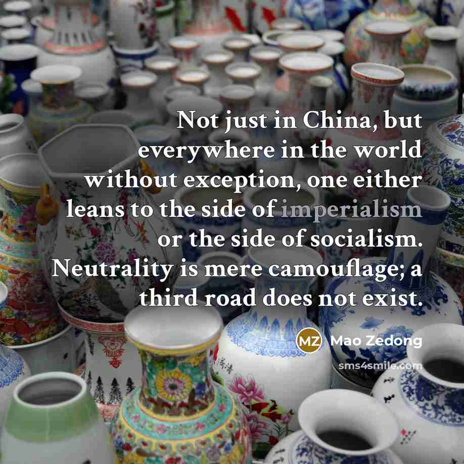 “Not just in China, but everywhere in the world without exception, one either leans to the side of imperialism or the side of socialism. Neutrality is mere camouflage; a third road does not exist.” quote by Mao Zedong