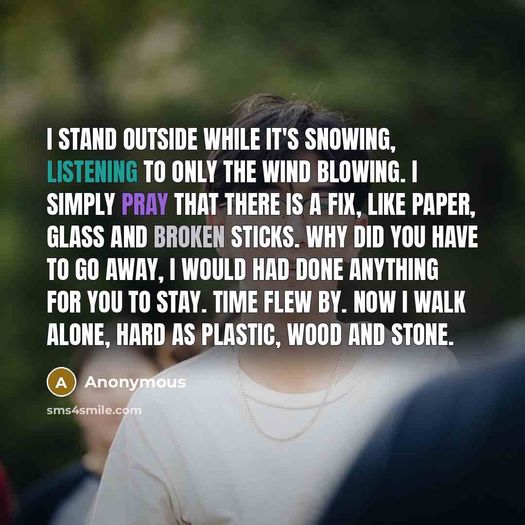 “I stand outside while it's snowing, listening to only the wind blowing. I simply pray that there is a fix, like paper, glass and broken sticks. Why did you have to go away, I would had done anything for you to stay. Time flew by. Now I walk alone, hard as plastic, wood and stone.” quote by Anonymous