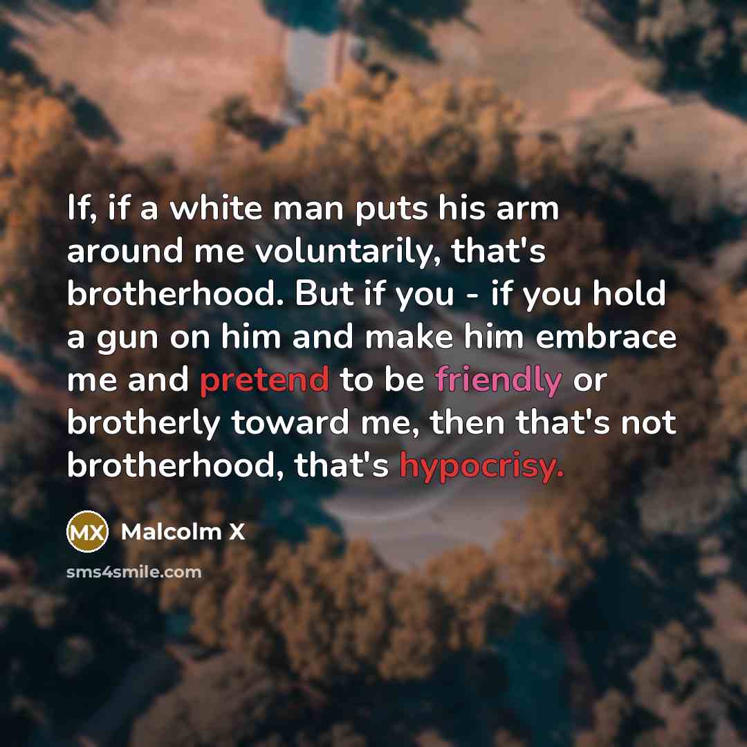 “If, if a white man puts his arm around me voluntarily, that's brotherhood. But if you - if you hold a gun on him and make him embrace me and pretend to be friendly or brotherly toward me, then that's not brotherhood, that's hypocrisy.” quote by Malcolm X
