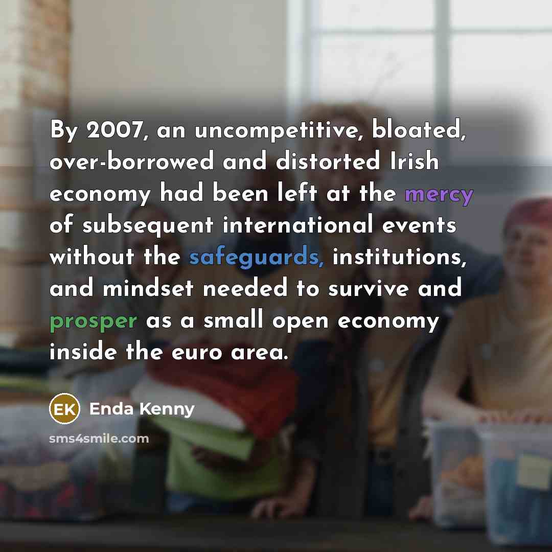 “By 2007, an uncompetitive, bloated, over-borrowed and distorted Irish economy had been left at the mercy of subsequent international events without the safeguards, institutions, and mindset needed to survive and prosper as a small open economy inside the euro area.” quote by Enda Kenny