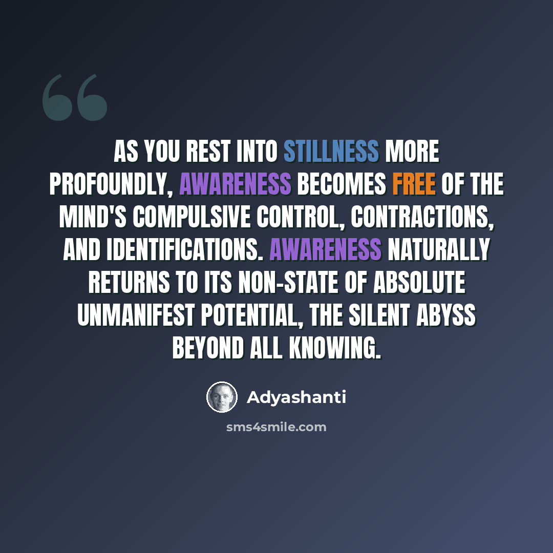 “As you rest into stillness more profoundly, awareness becomes free of the mind's compulsive control, contractions, and identifications. Awareness naturally returns to its non-state of absolute unmanifest potential, the silent abyss beyond all knowing.” quote by Adyashanti
