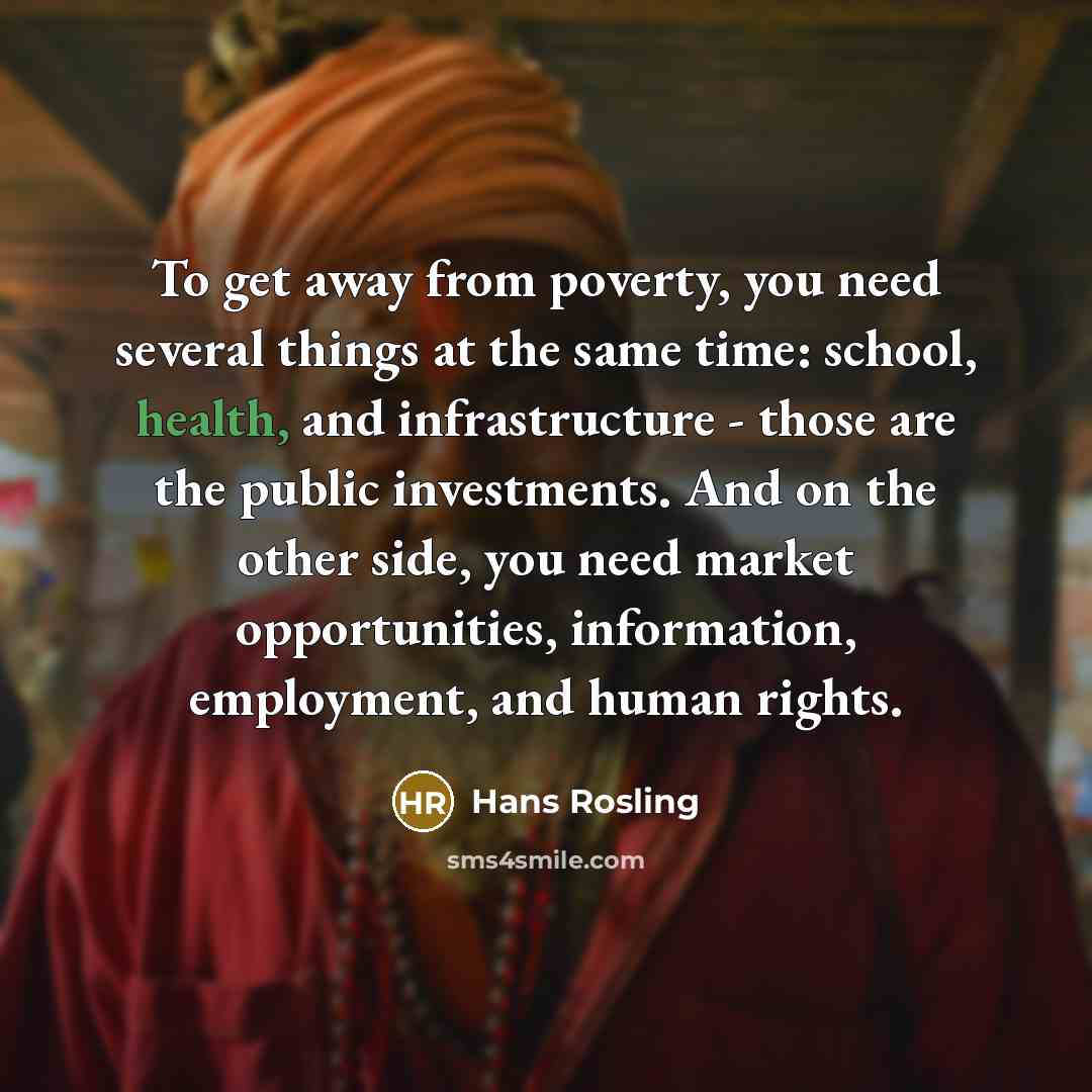 “To get away from poverty, you need several things at the same time: school, health, and infrastructure - those are the public investments. And on the other side, you need market opportunities, information, employment, and human rights.” quote by Hans Rosling