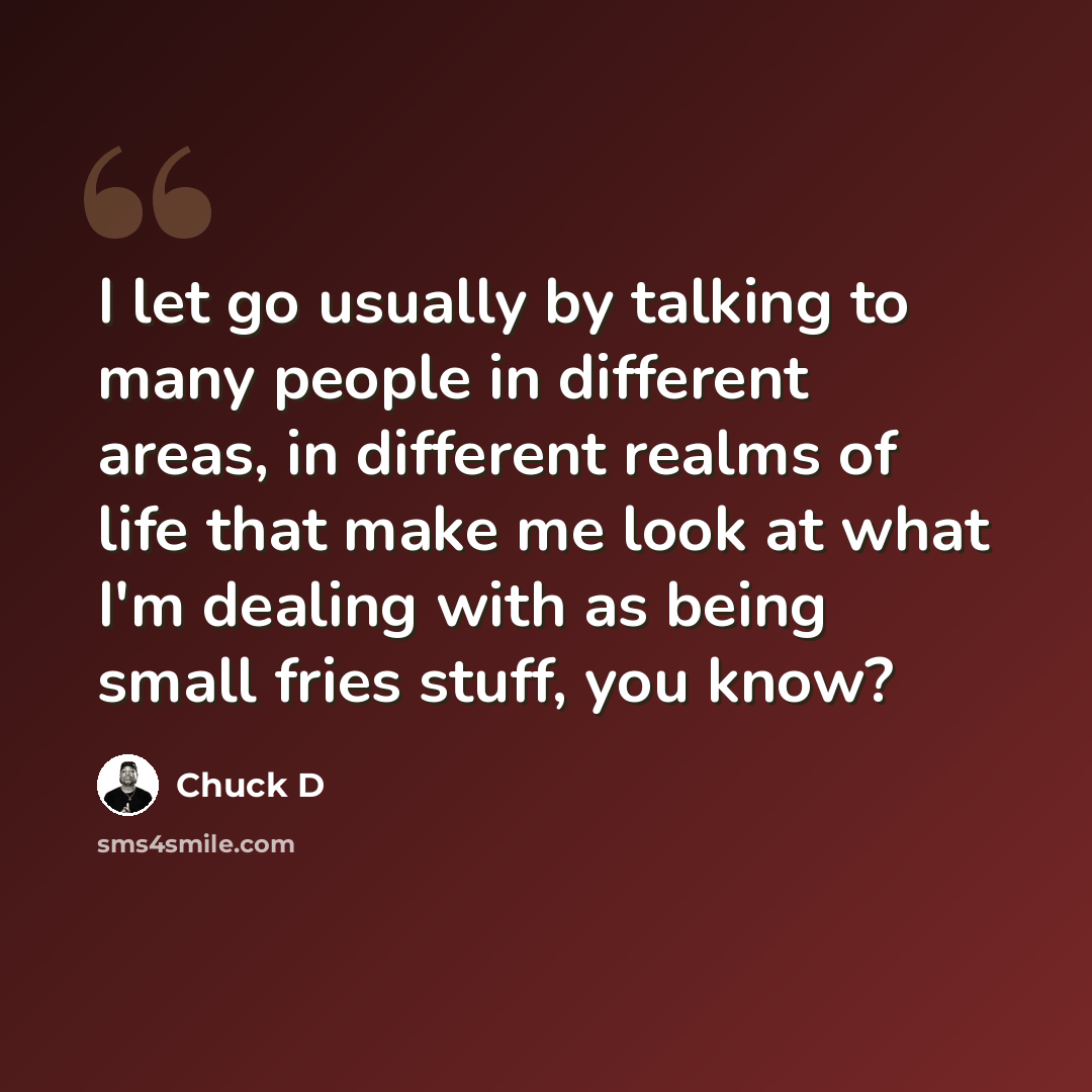 “I let go usually by talking to many people in different areas, in different realms of life that make me look at what I'm dealing with as being small fries stuff, you know?” quote by Chuck D