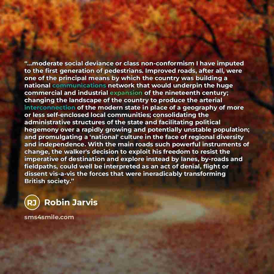“...moderate social deviance or class non-conformism I have imputed to the first generation of pedestrians. Improved roads, after all, were one of the principal means by which the country was building a national communications network that would underpin the huge commercial and industrial expansion…” quote by Robin Jarvis