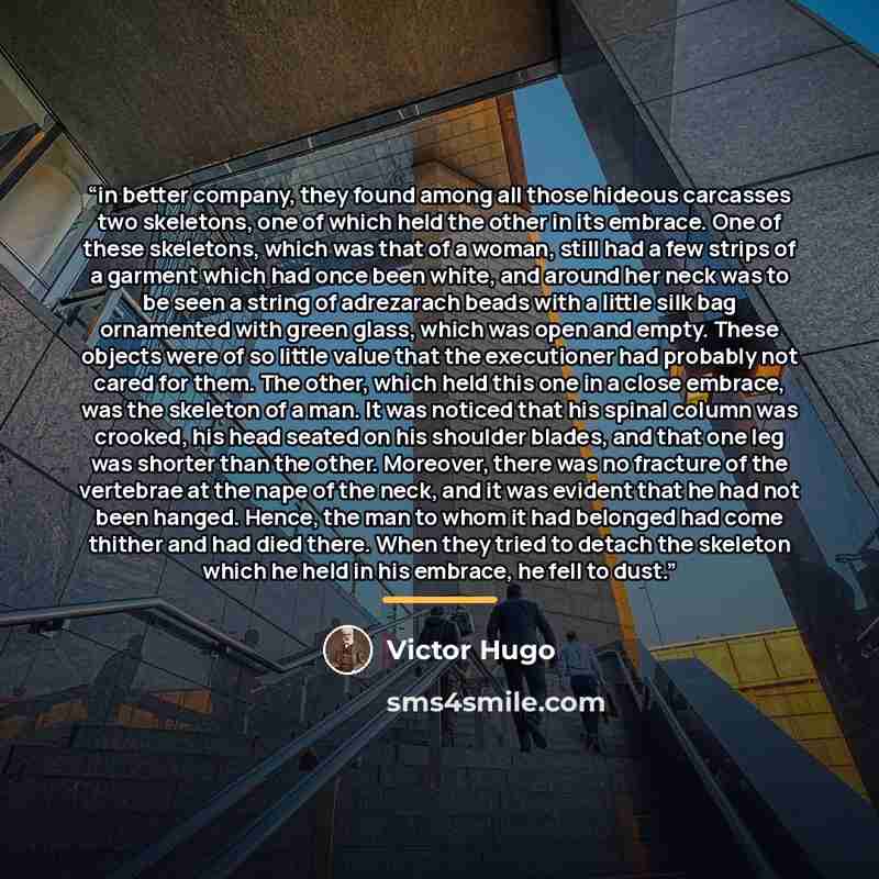 “in better company, they found among all those hideous carcasses two skeletons, one of which held the other in its embrace. One of these skeletons, which was that of a woman, still had a few strips of a garment which had once been white, and around her neck was to be seen a string of adrezarach…” quote by Victor Hugo