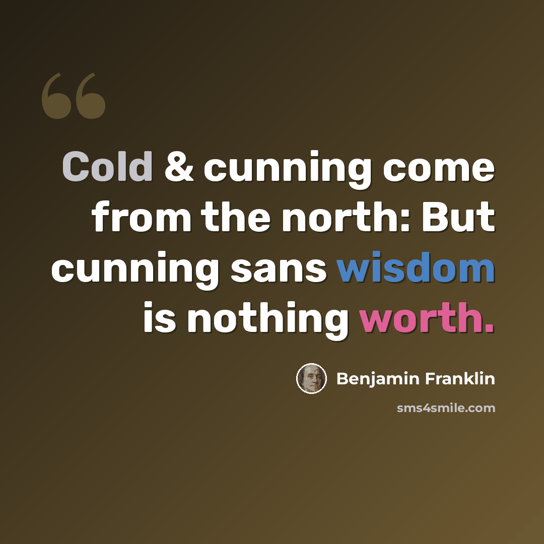 “Cold & cunning come from the north: But cunning sans wisdom is nothing worth.” quote by Benjamin Franklin