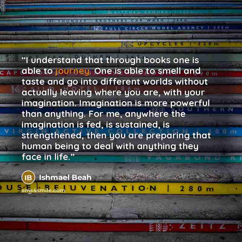 “I understand that through books one is able to journey. One is able to smell and taste and go into different worlds without actually leaving where you are, with your imagination. Imagination is more powerful than anything. For me, anywhere the imagination is fed, is sustained, is strengthened…” quote by Ishmael Beah