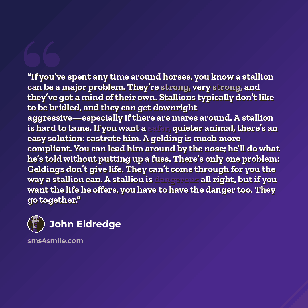 “If you’ve spent any time around horses, you know a stallion can be a major problem. They’re strong, very strong, and they’ve got a mind of their own. Stallions typically don’t like to be bridled, and they can get downright aggressive—especially if there are mares around. A stallion is hard to…” quote by John Eldredge