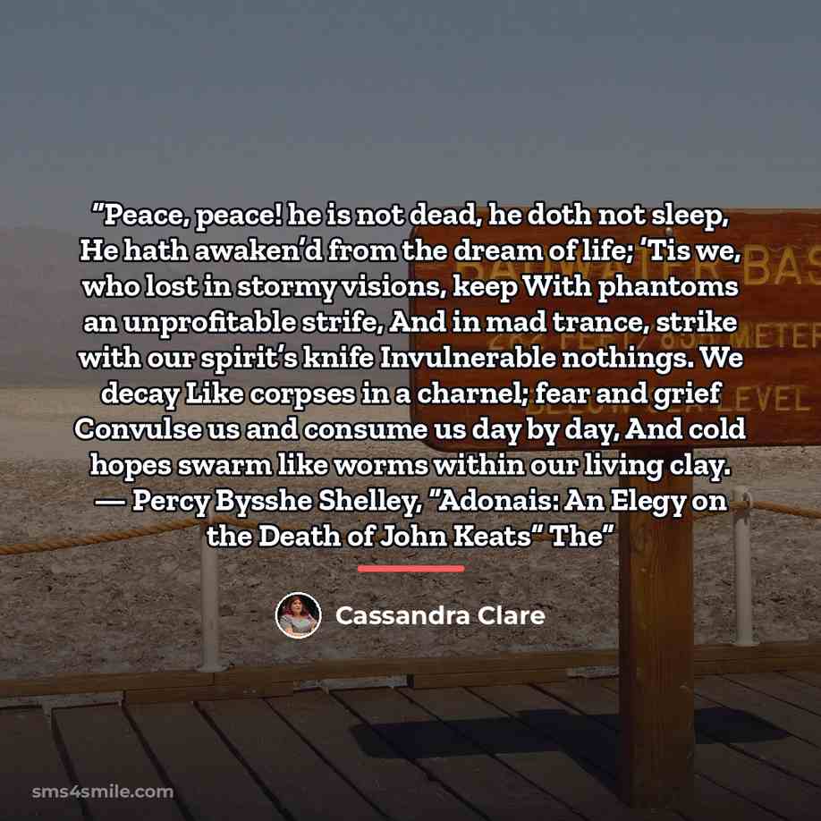 “Peace, peace! he is not dead, he doth not sleep, He hath awaken’d from the dream of life; ’Tis we, who lost in stormy visions, keep With phantoms an unprofitable strife, And in mad trance, strike with our spirit’s knife Invulnerable nothings. We decay Like corpses in a charnel; fear and grief…” quote by Cassandra Clare