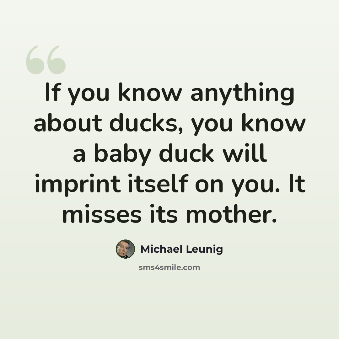 “If you know anything about ducks, you know a baby duck will imprint itself on you. It misses its mother.” quote by Michael Leunig