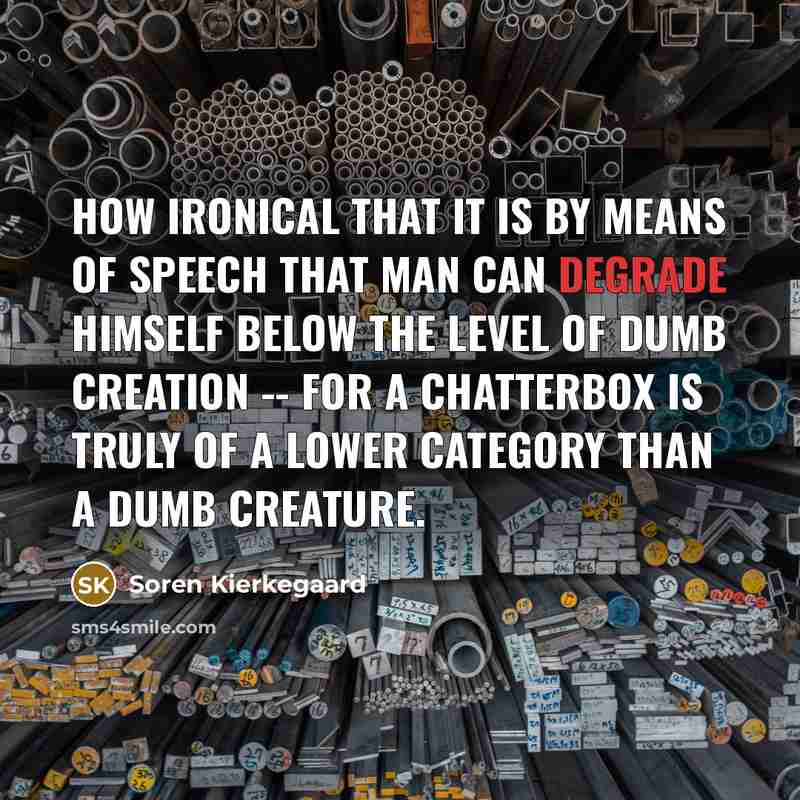 “How ironical that it is by means of speech that man can degrade himself below the level of dumb creation -- for a chatterbox is truly of a lower category than a dumb creature.” quote by Soren Kierkegaard