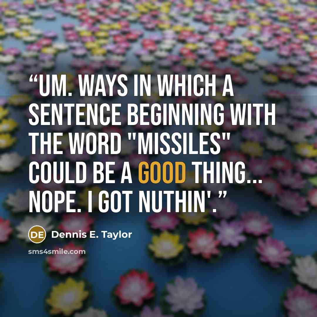 “Um. Ways in which a sentence beginning with the word "missiles" could be a good thing... Nope. I got nuthin'.” quote by Dennis E. Taylor