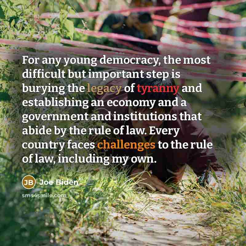 “For any young democracy, the most difficult but important step is burying the legacy of tyranny and establishing an economy and a government and institutions that abide by the rule of law. Every country faces challenges to the rule of law, including my own.” quote by Joe Biden
