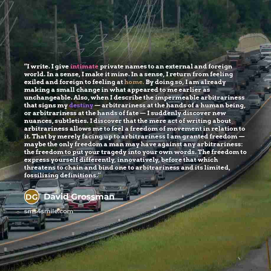 “I write. I give intimate private names to an external and foreign world. In a sense, I make it mine. In a sense, I return from feeling exiled and foreign to feeling at home. By doing so, I am already making a small change in what appeared to me earlier as unchangeable. Also, when I describe the…” quote by David Grossman