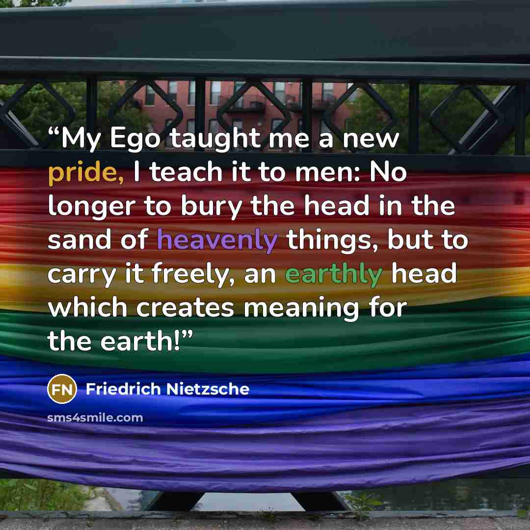 “My Ego taught me a new pride, I teach it to men: No longer to bury the head in the sand of heavenly things, but to carry it freely, an earthly head which creates meaning for the earth!” quote by Friedrich Nietzsche
