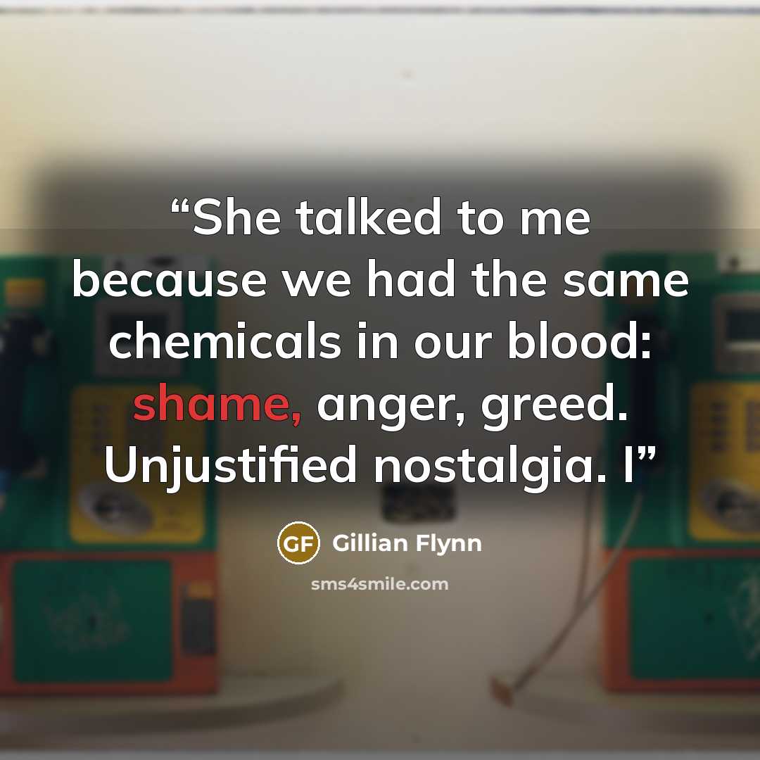 “She talked to me because we had the same chemicals in our blood: shame, anger, greed. Unjustified nostalgia. I” quote by Gillian Flynn