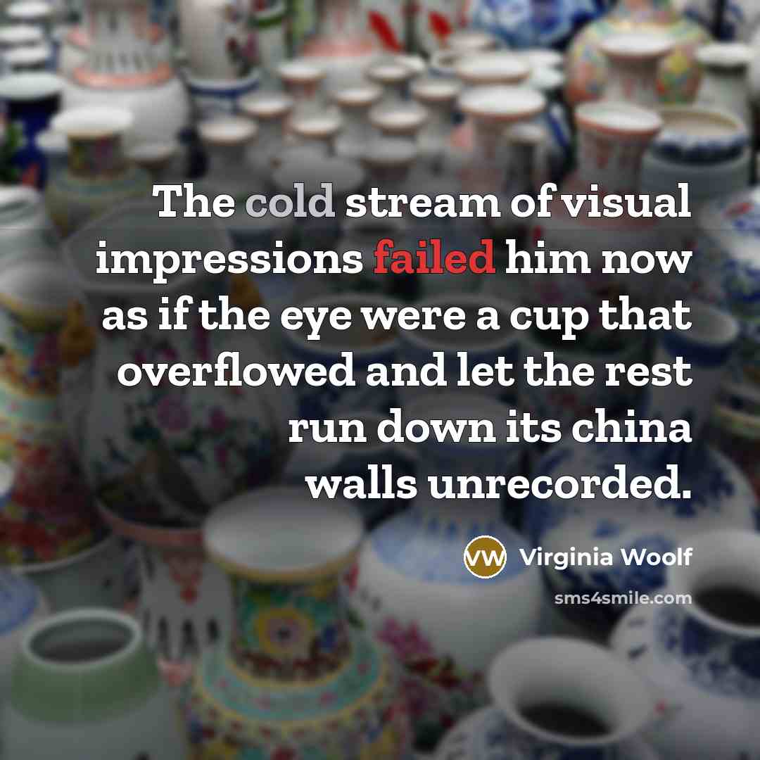 “The cold stream of visual impressions failed him now as if the eye were a cup that overflowed and let the rest run down its china walls unrecorded.” quote by Virginia Woolf