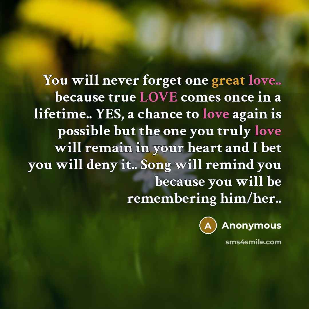 “You will never forget one great love.. because true LOVE comes once in a lifetime.. YES, a chance to love again is possible but the one you truly love will remain in your heart and I bet you will deny it.. Song will remind you because you will be remembering him/her..” quote by Anonymous