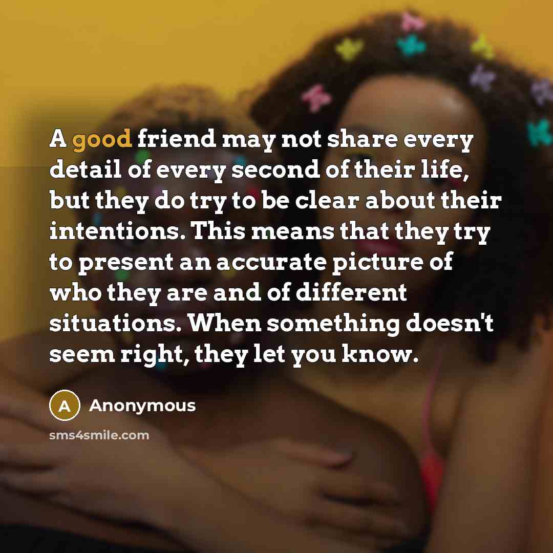 “A good friend may not share every detail of every second of their life, but they do try to be clear about their intentions. This means that they try to present an accurate picture of who they are and of different situations. When something doesn't seem right, they let you know.” quote by Anonymous