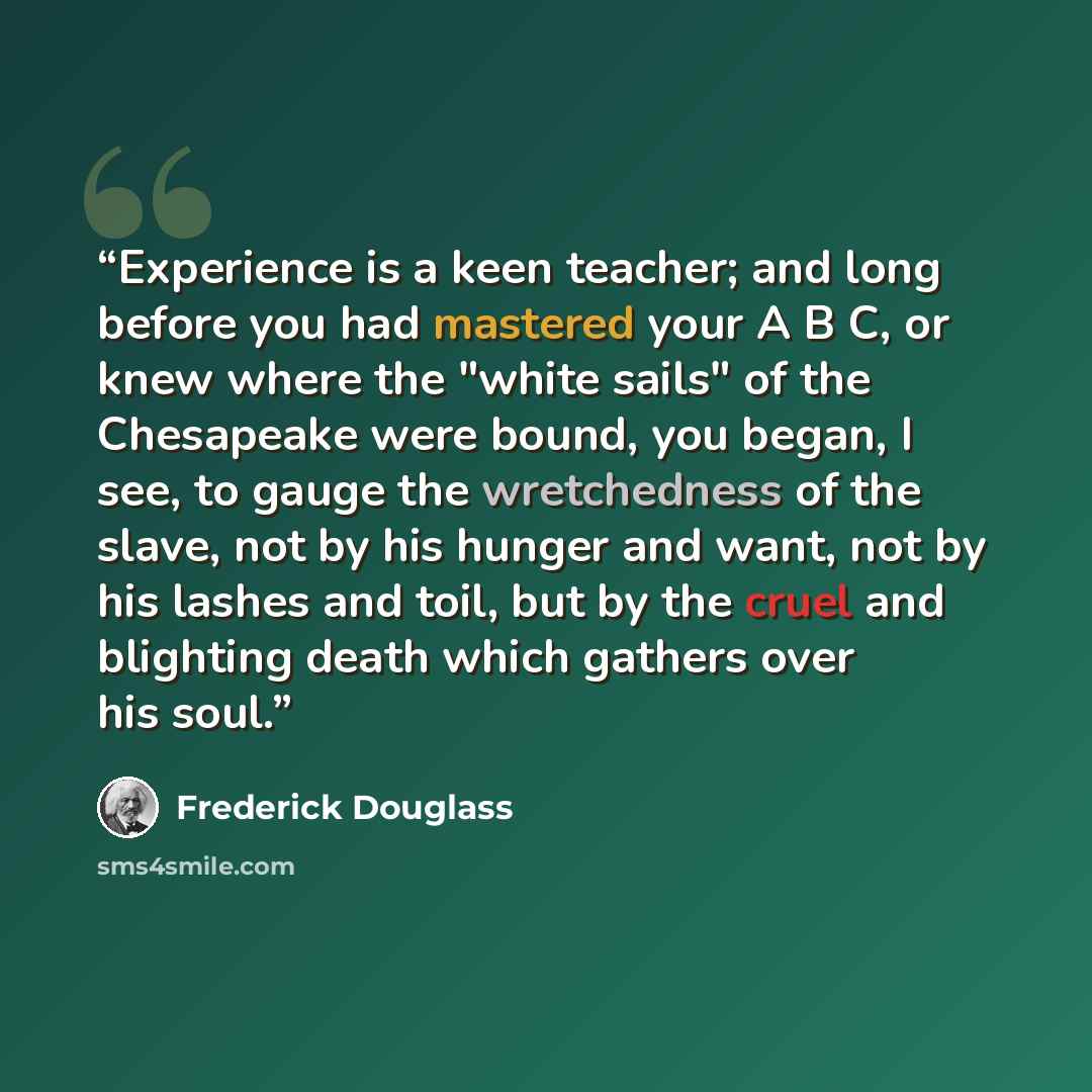 “Experience is a keen teacher; and long before you had mastered your A B C, or knew where the "white sails" of the Chesapeake were bound, you began, I see, to gauge the wretchedness of the slave, not by his hunger and want, not by his lashes and toil, but by the cruel and blighting death which…” quote by Frederick Douglass
