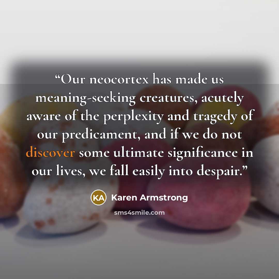 “Our neocortex has made us meaning-seeking creatures, acutely aware of the perplexity and tragedy of our predicament, and if we do not discover some ultimate significance in our lives, we fall easily into despair.” quote by Karen Armstrong