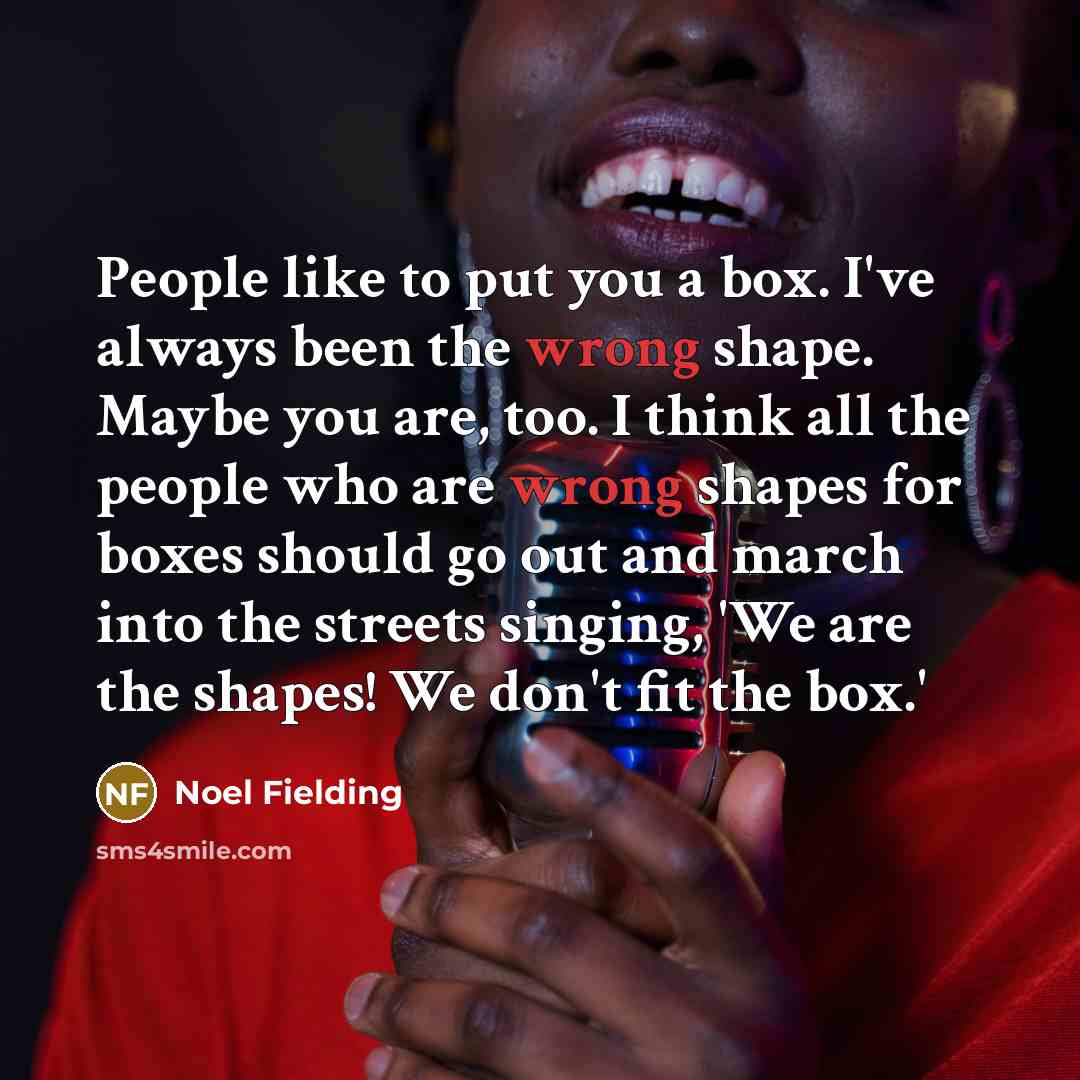 “People like to put you a box. I've always been the wrong shape. Maybe you are, too. I think all the people who are wrong shapes for boxes should go out and march into the streets singing, 'We are the shapes! We don't fit the box.'” quote by Noel Fielding