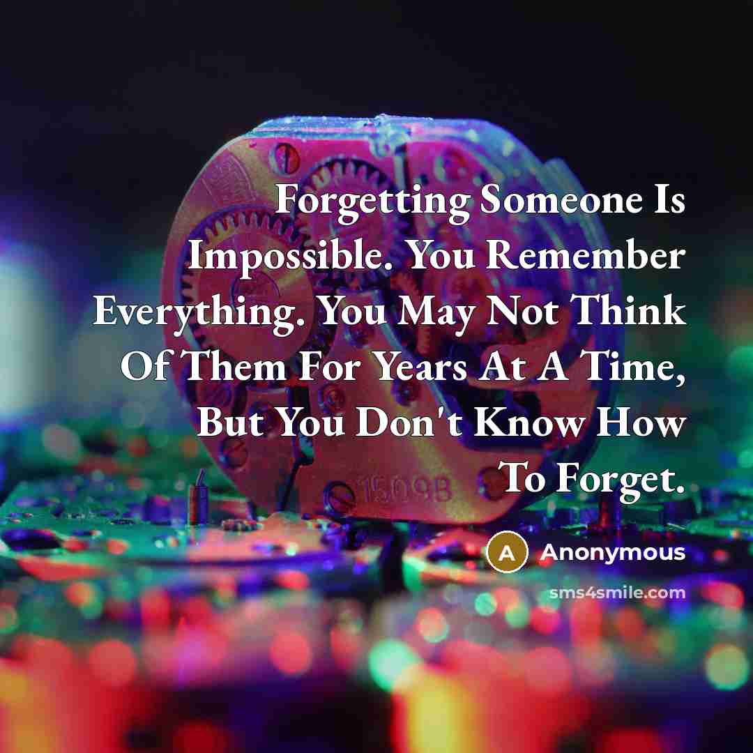 “Forgetting Someone Is Impossible. You Remember Everything. You May Not Think Of Them For Years At A Time, But You Don't Know How To Forget.” quote by Anonymous