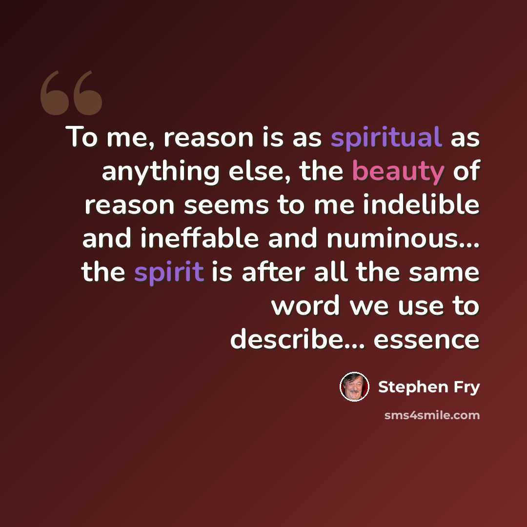 “To me, reason is as spiritual as anything else, the beauty of reason seems to me indelible and ineffable and numinous... the spirit is after all the same word we use to describe... essence” quote by Stephen Fry