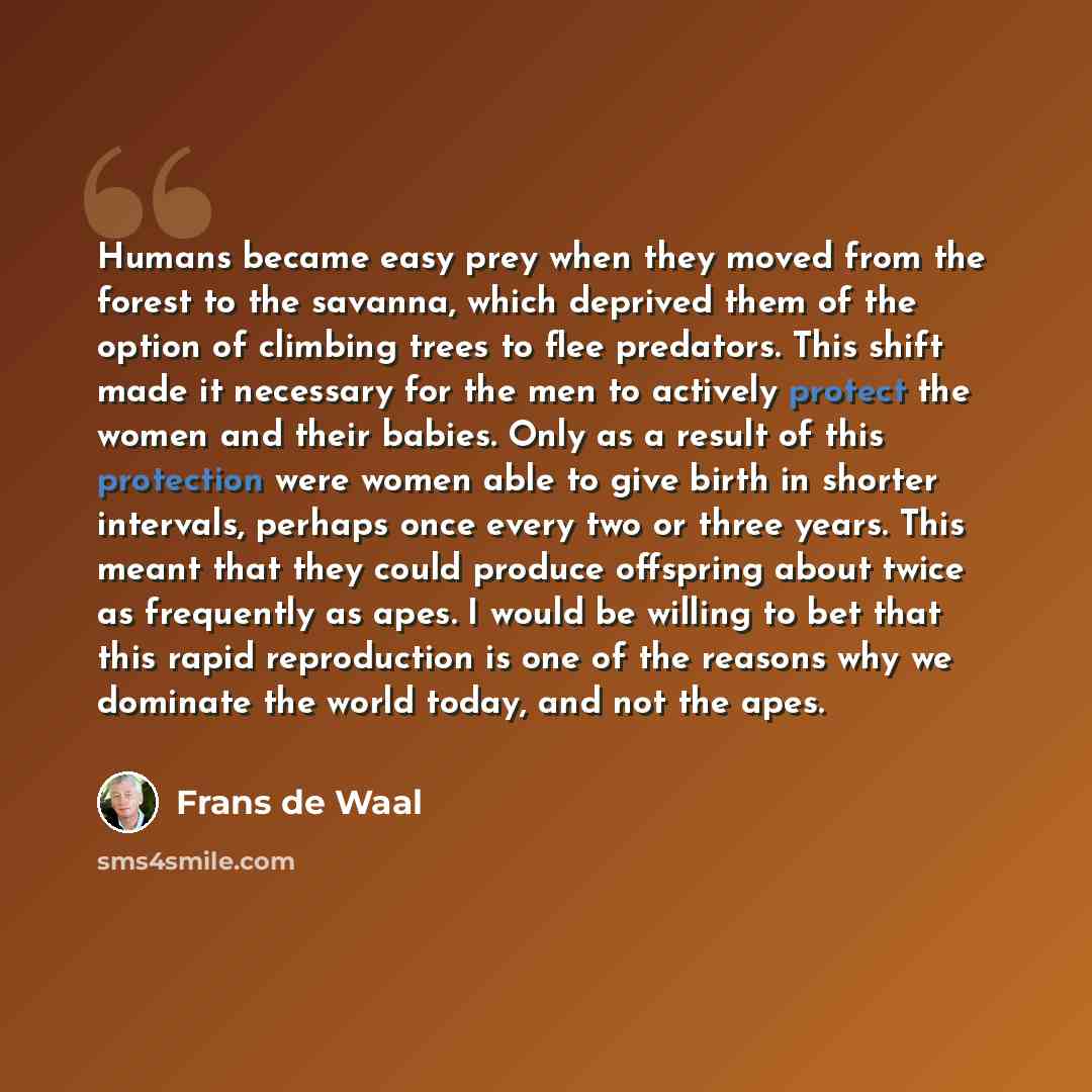 “Humans became easy prey when they moved from the forest to the savanna, which deprived them of the option of climbing trees to flee predators. This shift made it necessary for the men to actively protect the women and their babies. Only as a result of this protection were women able to give birth…” quote by Frans de Waal