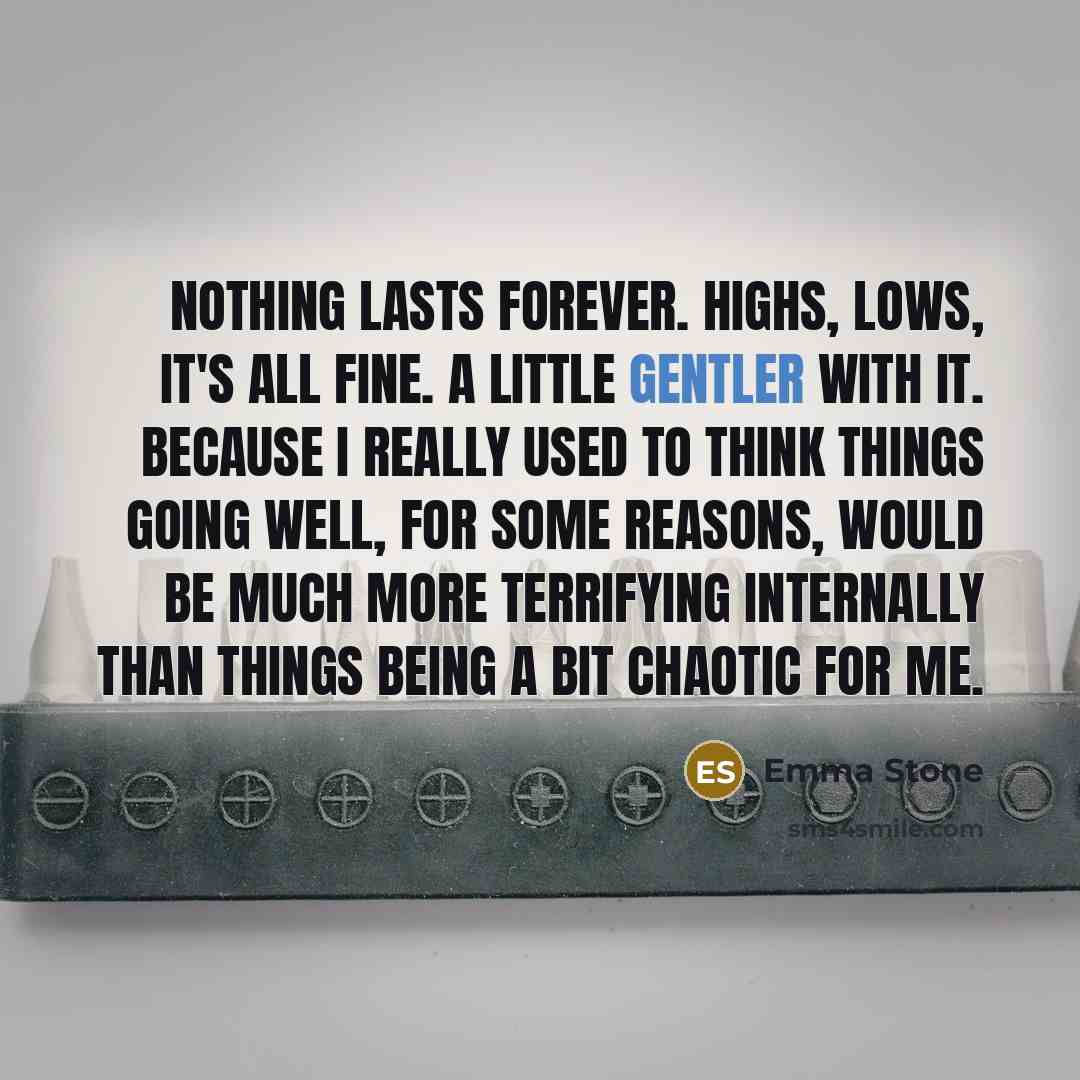 “Nothing lasts forever. Highs, lows, it's all fine. A little gentler with it. Because I really used to think things going well, for some reasons, would be much more terrifying internally than things being a bit chaotic for me.” quote by Emma Stone