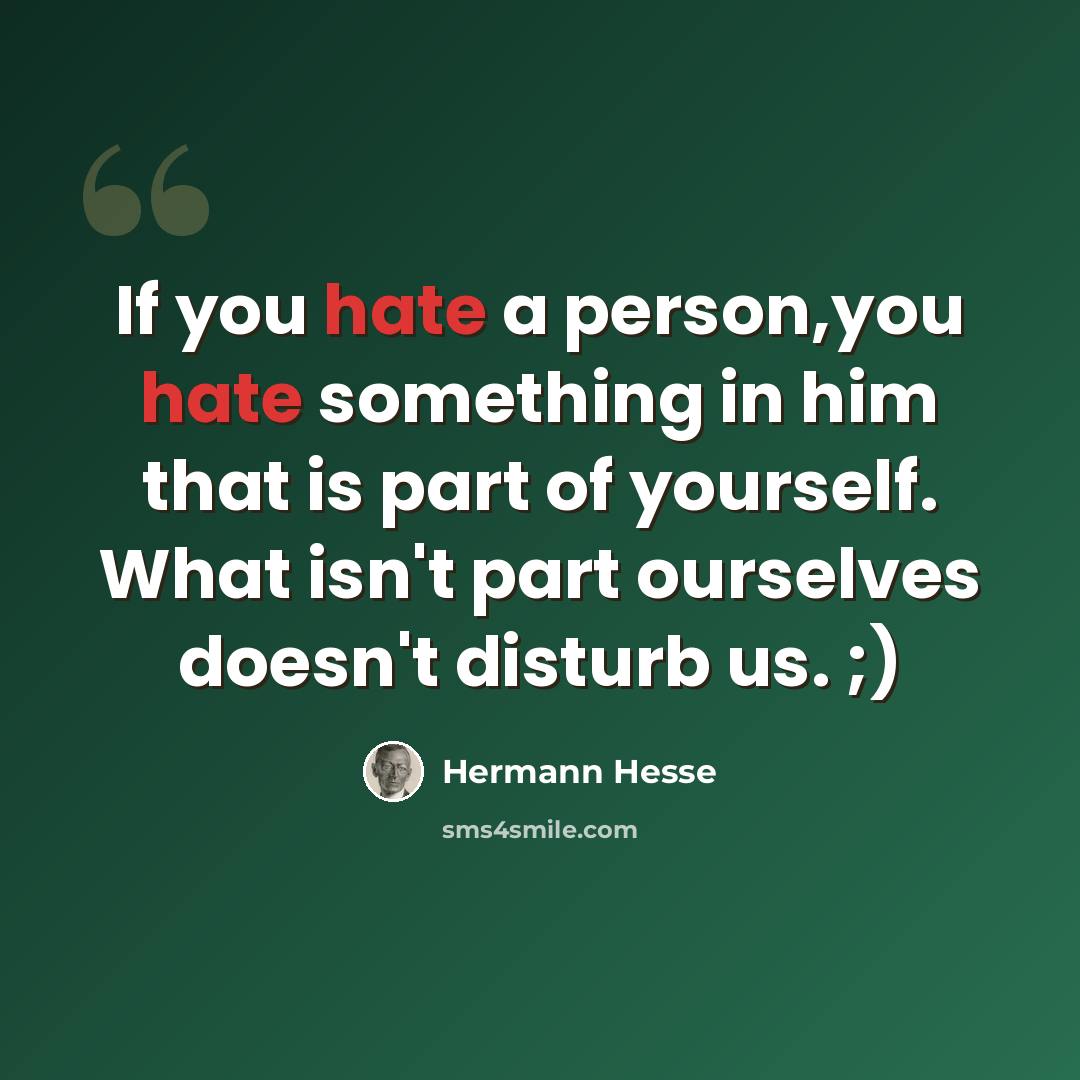 “If you hate a person,you hate something in him that is part of yourself. What isn't part ourselves doesn't disturb us. ;)” quote by Hermann Hesse